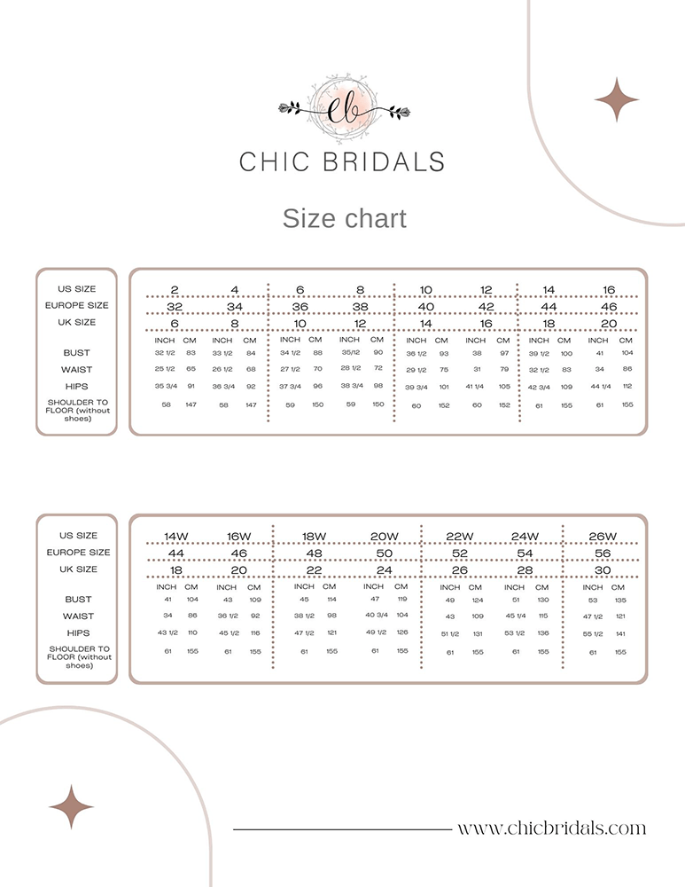 Chic Wedding Dresses for Women Size Chart