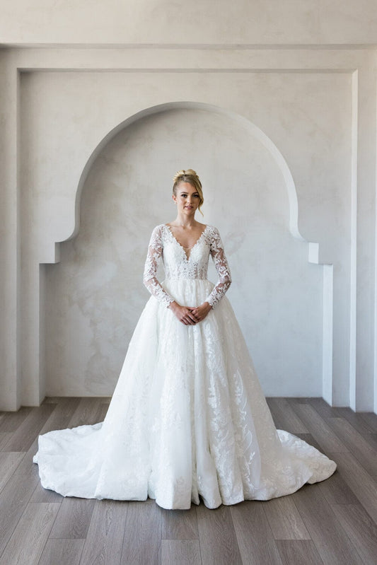 Dominic V Neck Lace Wedding Dress With Sleeves - Chic Bridals